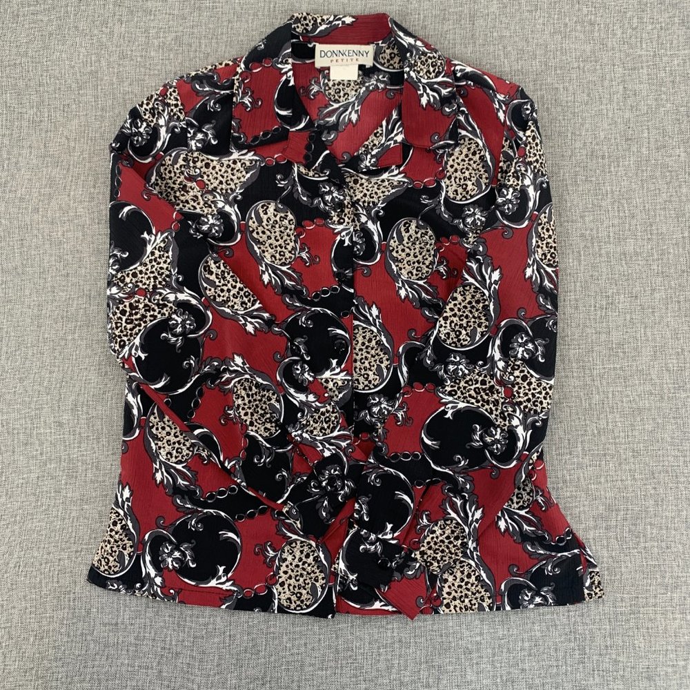 DONKENNY Button Down Blouse Black Red Leopard Top‎ Size PS Long Sleeve Collared